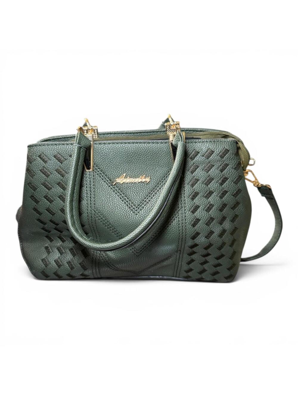 Aimly Green Textured Faux Leather Handbag with Gold Accents GC